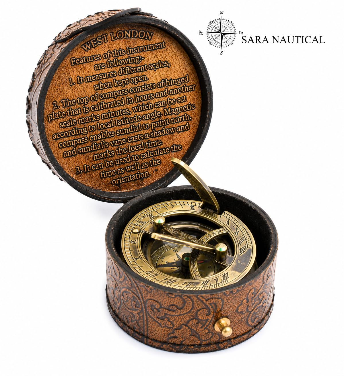 SARA NAUTICAL Bussola con meridiana in ottone antico, orologio con meridiana in scatola regalo, replica orologio da sole, decorazione navale (meridiana di nuova generazione 2026)