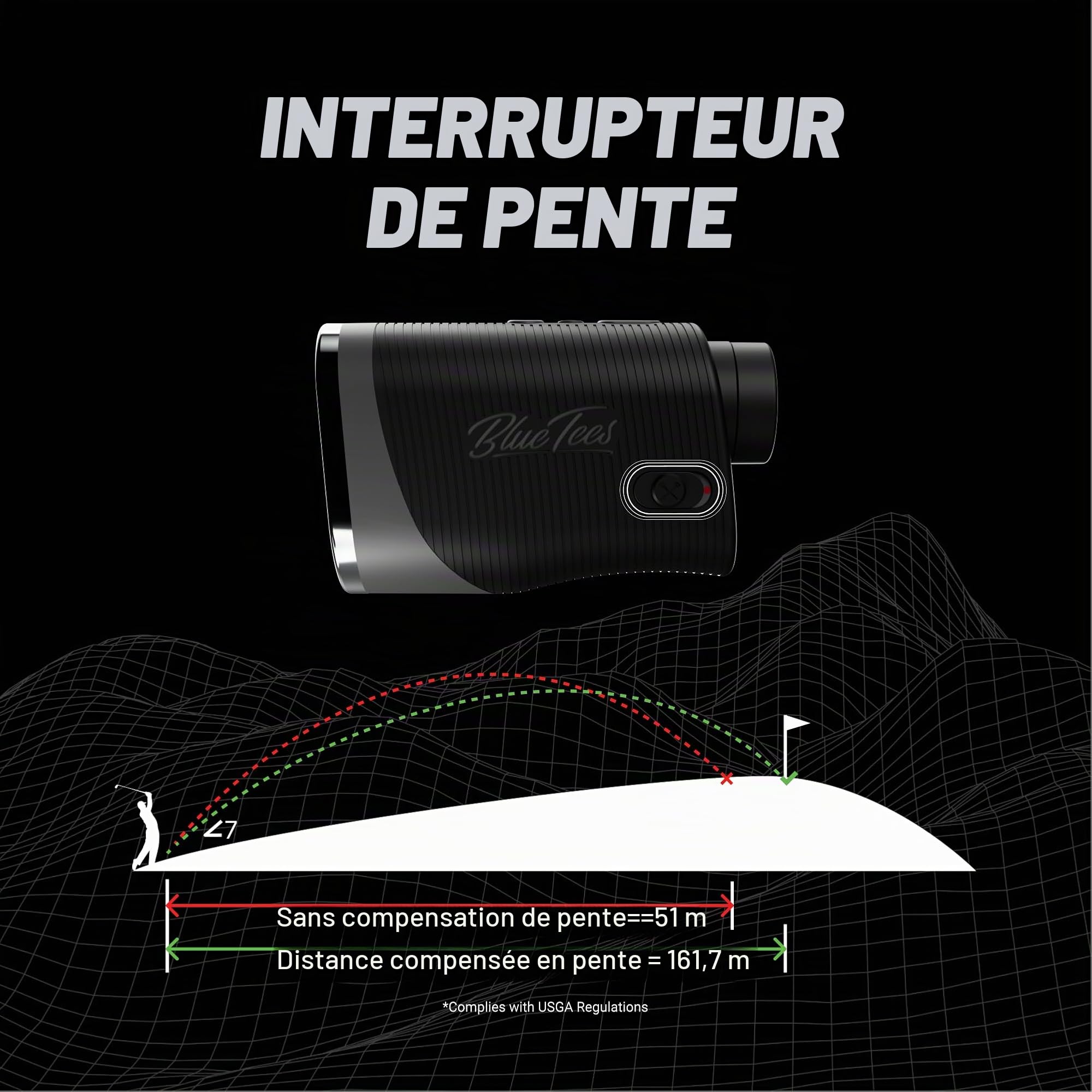 Blue Tees Golf - Série 3 Max - Noir - avec Télémètre Laser avec Commutateur de Pente - portée de 900 Yards, Mesure de la Pente, Bande magnétique, Affichage ambiant, Grossissement 7X