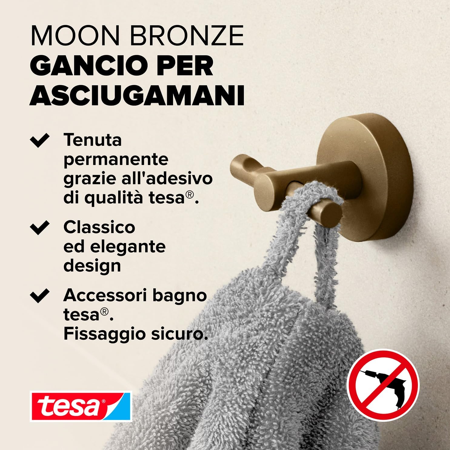 Tesa® MOON Gancio per accappatoio in bronzo spazzolato - Gancio autoadesivo in metallo rivestito in PVD - non richiede foratura, soluzione adesiva inclusa - 50 mm x 65 mm x 53 mm
