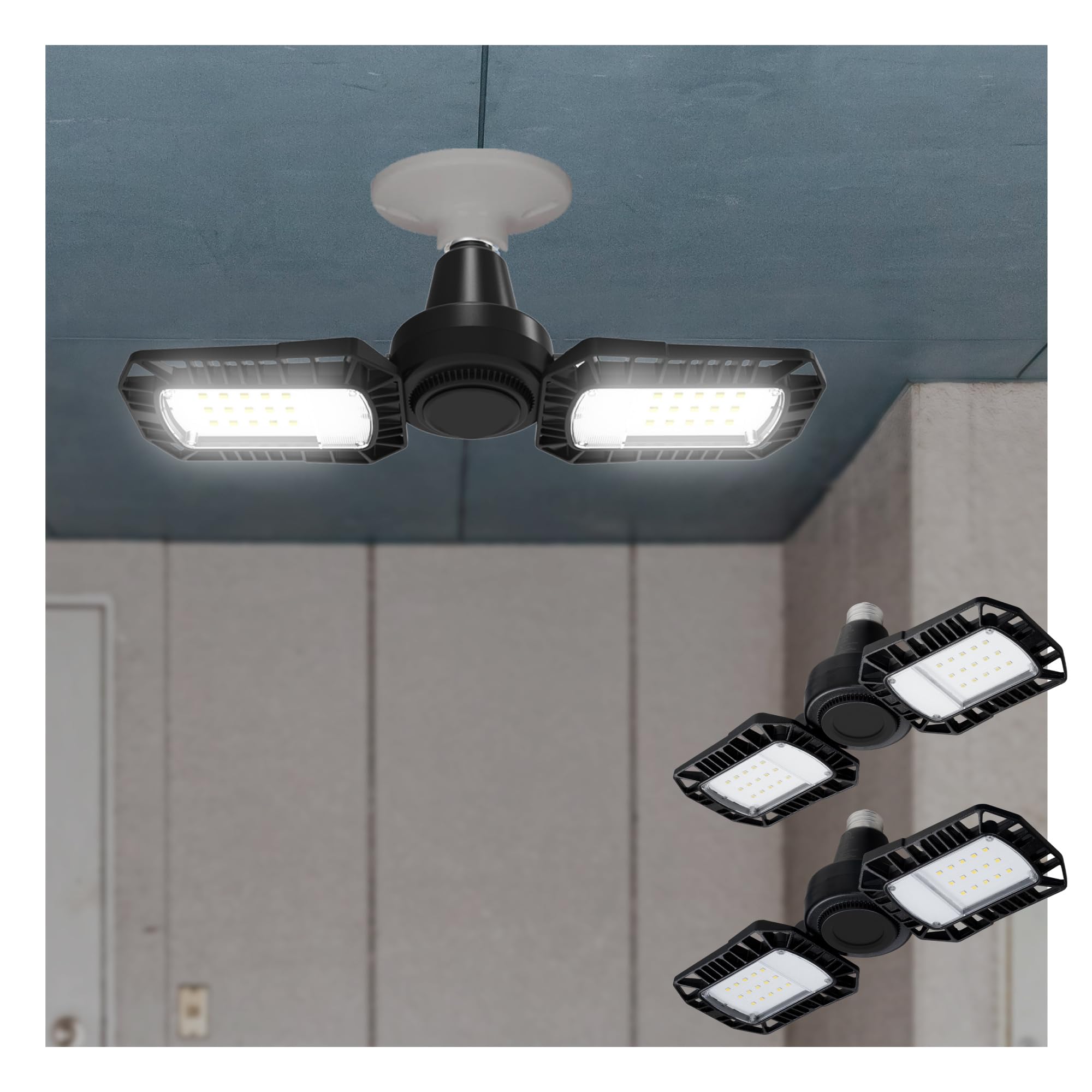 2 Pack 30W LED Garage Light, 3000 Lumen Deformable Ceiling Lights with 2 Adjustable Panel, 5000K Daylight, E26 Bulb Socket for Basement, Workshops and Garage, ETL Certified