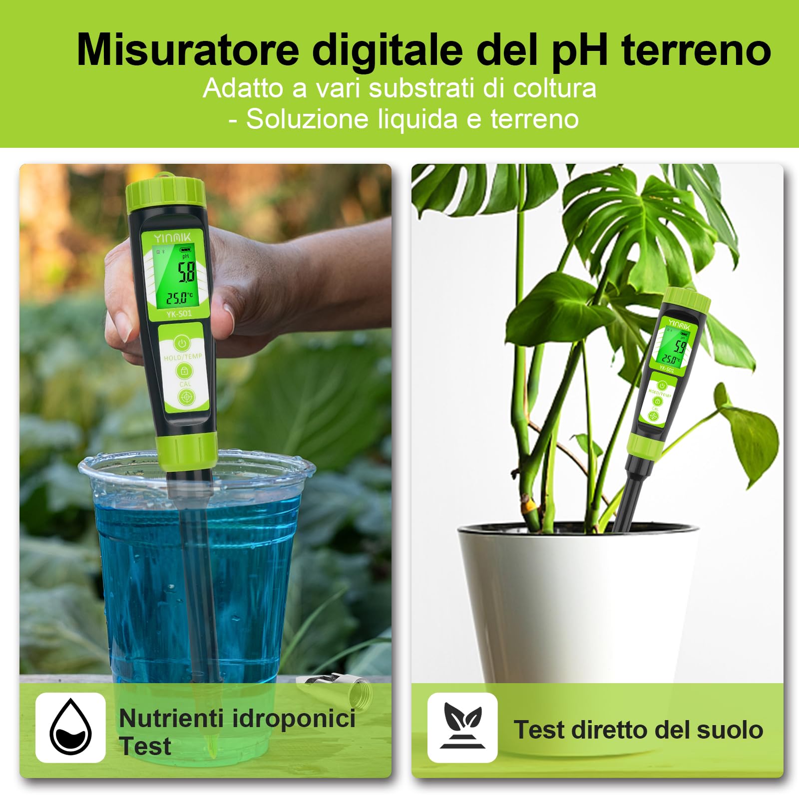 YINMIK Misuratore di PH Digitale del Terreno con sonda PH aggiuntiva | Per giardinieri, Tester pH suolo per cura piante, Misura pH terriccio, Per interni, esterni, serre, giardini, prati