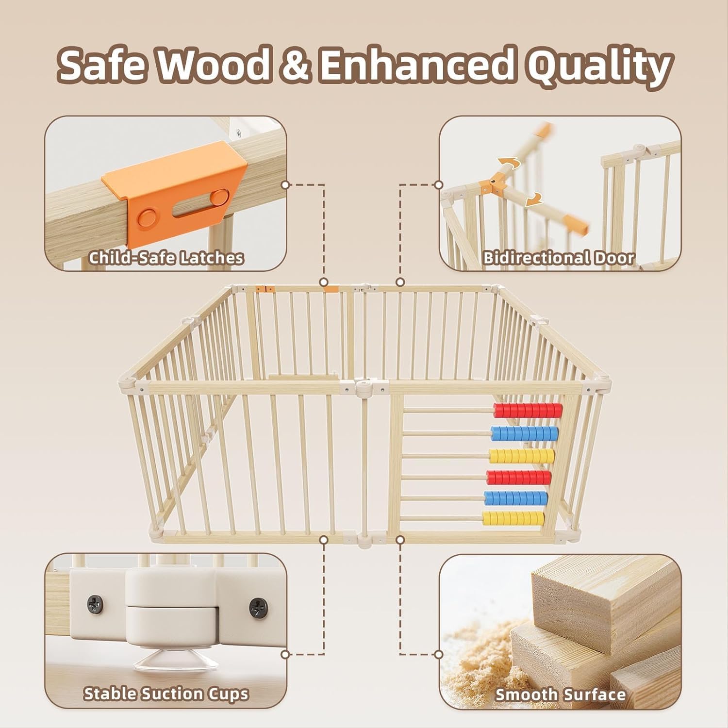 Baby Playpen,Wooden Foldable Playpen For Toddlers and Babies with Locking Gate, 8 Panels Baby Fence, Indoor Play Yard with Abacus, Kids Activity Center — view 5