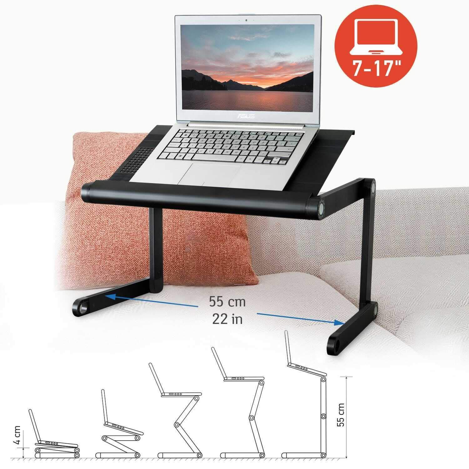 WonderWorker Nobel Scrivania ergonomica per laptop extra larga, Tavolino porta PC Supporto PC portatile e regolabile, Vassoio da letto, Base di raffreddamento portatile, Nero