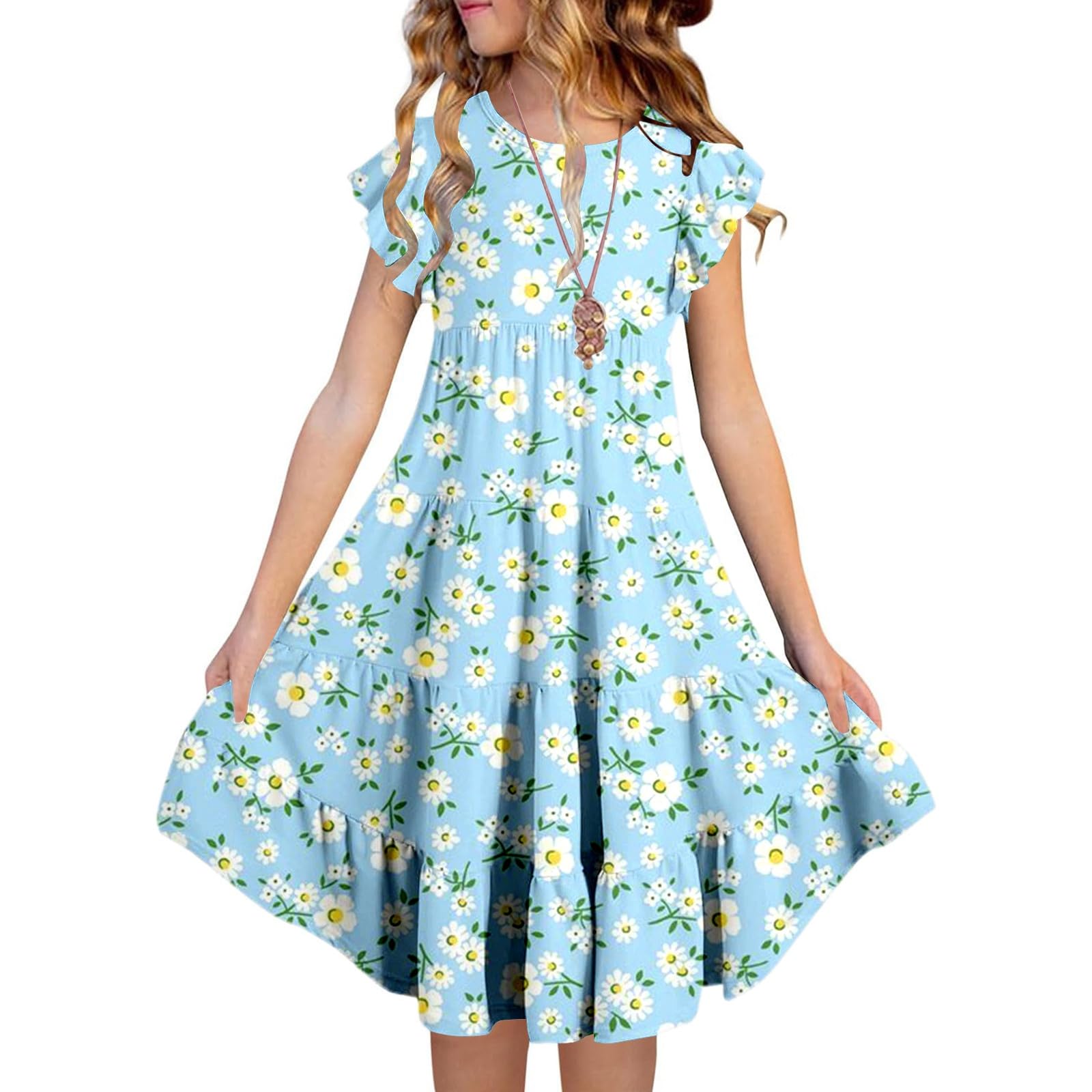 Robe été Enfant Fille 6-15 Ans sans Manches à Volants Imprimé Fleur Robe Ado Fille Chic et Elegant Legere Fluide Fashion Casual Confortable Soirée Vacances Dress