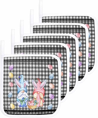 5 Packs Easter Gnomes Pot Holders Sets for Kitchen,Oven Pan Plate Bowl Pads Heat Proof Mat with Hanging Loop,Terry Cloth Potholders Soft Grip for