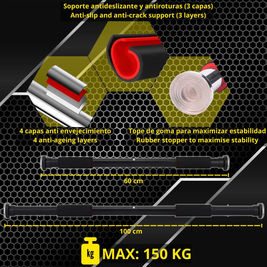 Set de barra de dominadas ajustable, rodillo Abdominal y soportes para Flexiones ideal para Musculación y Fitness. Set Completo de gimnasio en Casa sin Tornillos apto para puertas y paredes