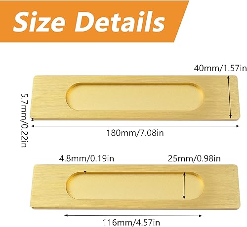 Miniatura 2 de MOROBOR Tiradores rectangulares autoadhesivos, 2 piezas de aleación de aluminio dorado cepillado, sin perforaciones, para puertas corredizas de