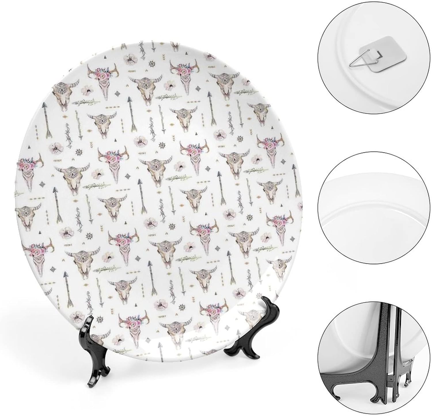 XISUNYA 10 Inch Decorative Plate, Arrow Decor Porcelain Plate, Boho Pattern Artwork Arrows Feathers Cow Skulls Print Ceramic Wall Hanging for Home Office Party Dinner Table Decor