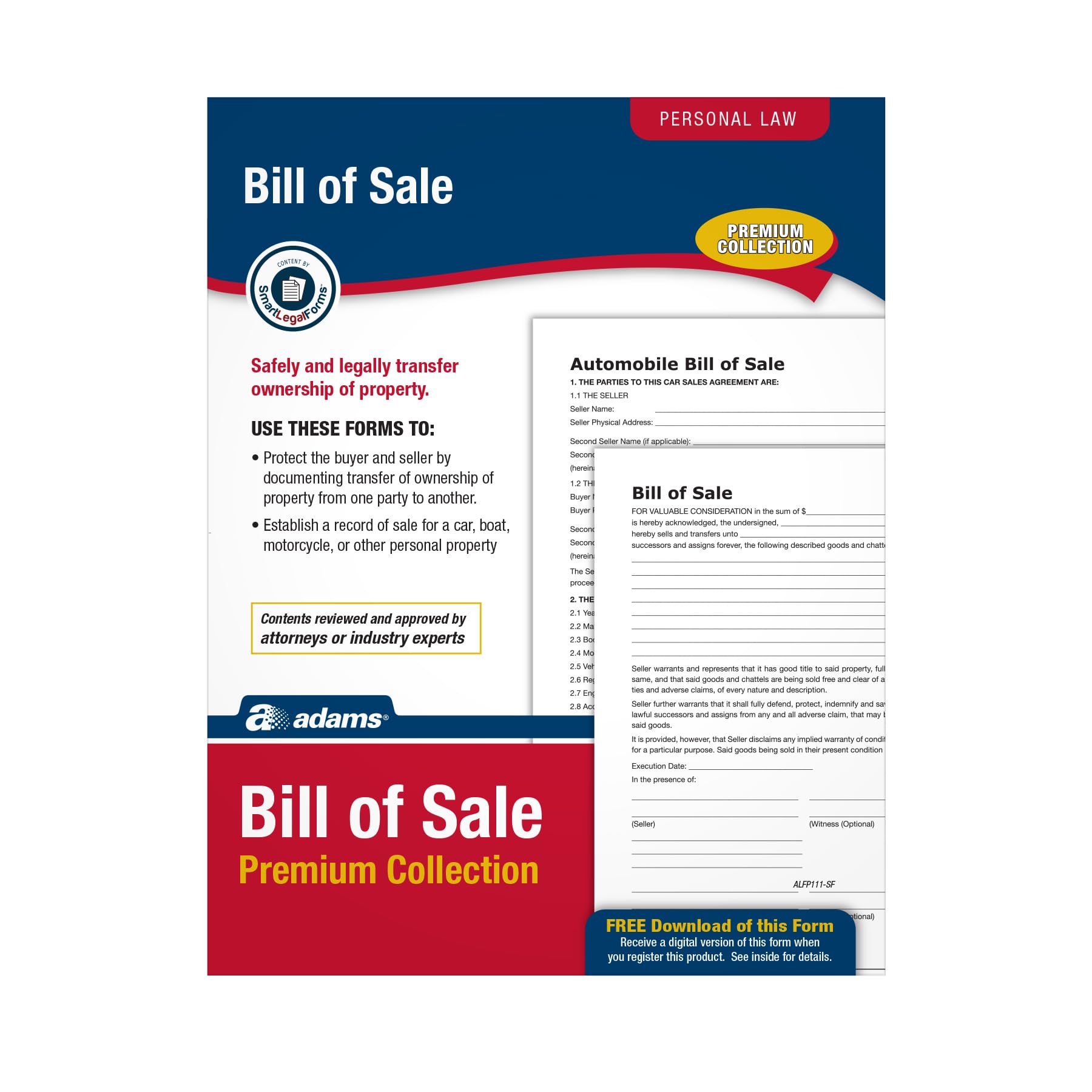Adams Bill of Sale Forms Pack, Includes 2 Motor Vehicle and 2 General Bills of Sale, 8.5 x 11 Inches, White (ALFP111)