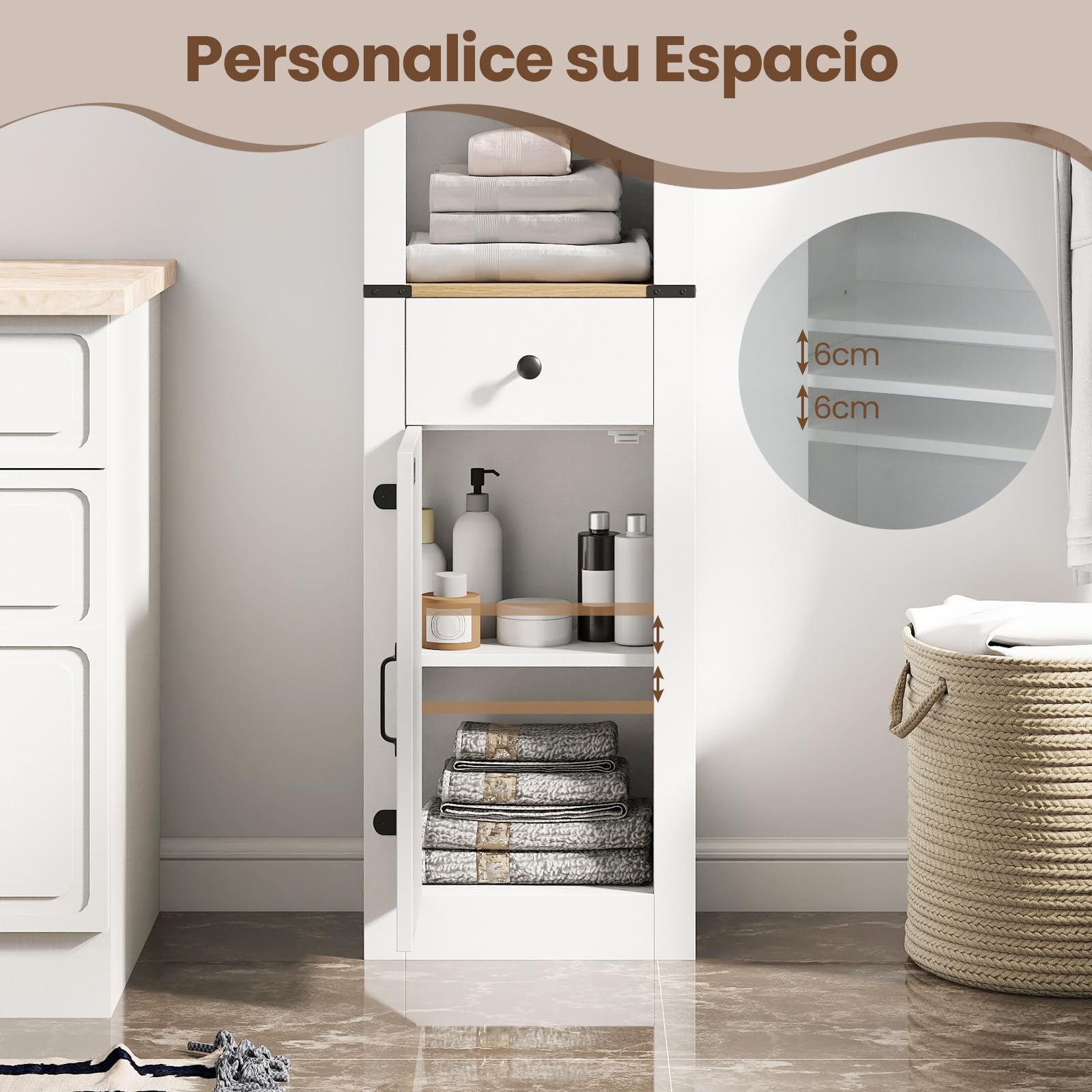 GIANTEX Armario Alto de Baño de 173 cm, Mueble Columna con 3 Estantes, Cajón y Armario Inferior, Estante Ajustable, 40 x 24 x 173 cm, Mueble Organizador para Cocina, Salón