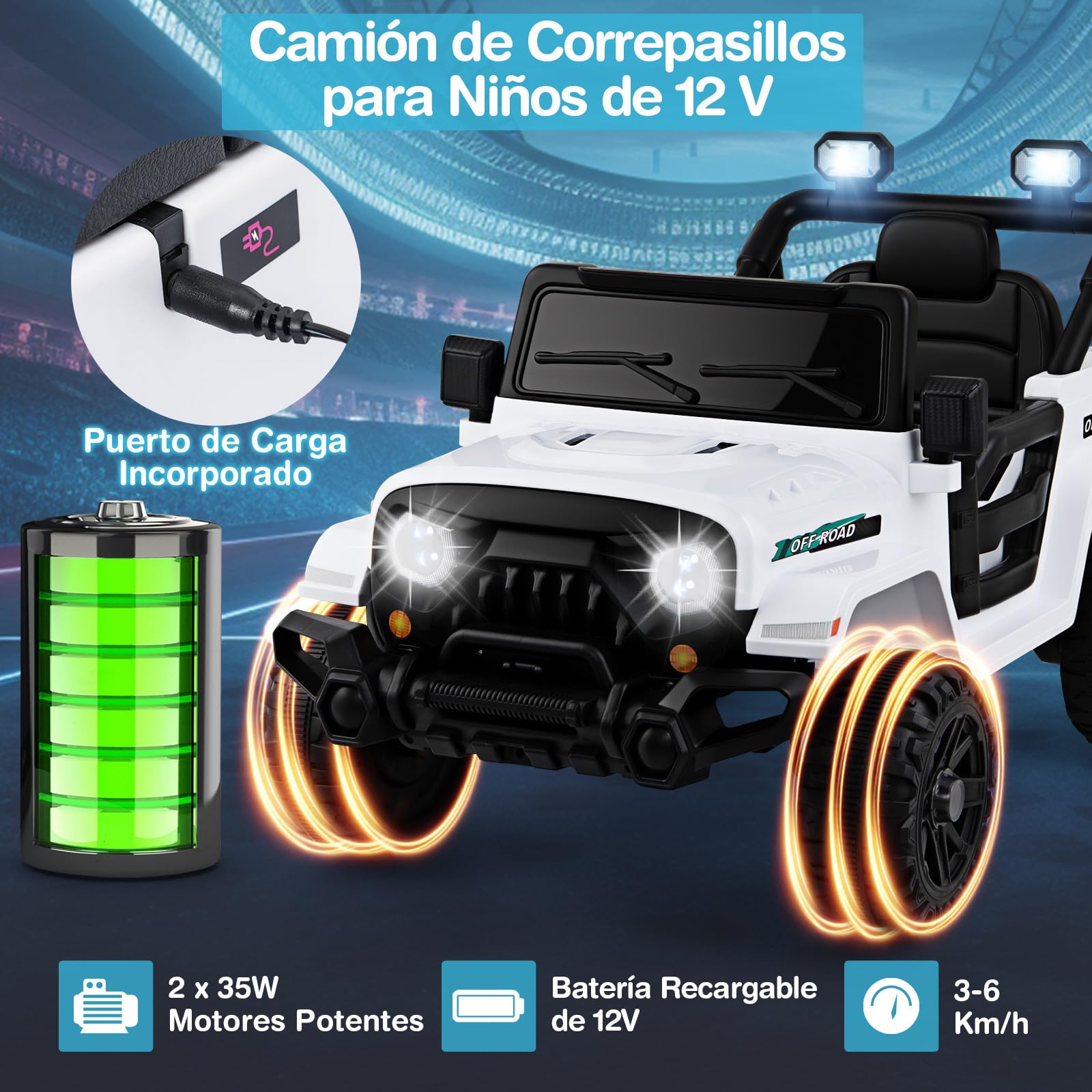 COSTWAY Coche Eléctrico para Niños 12V, Vehículo Todoterreno de Batería con Control Remoto, 3 Velocidades, Luces LED, Música, Bocina y Conexión Inalámbrica, para Niños de 3+ Años (Blanco)