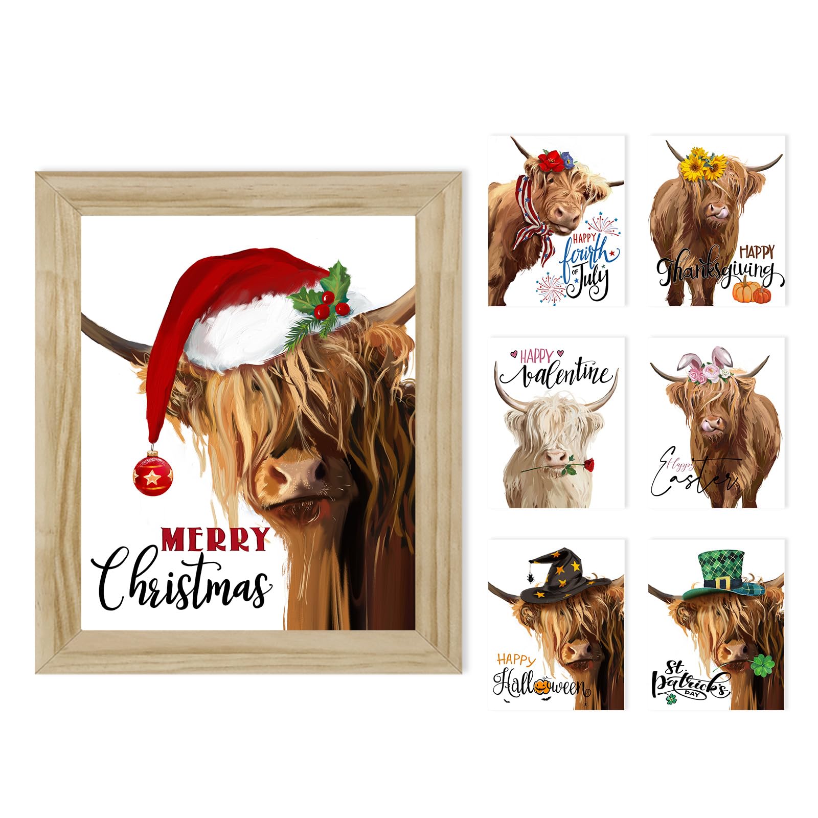 Highland Cow Christmas Wall Art: Cow Pictures Farmhouse Wall Decor Signs with 7 Interchangeable Seasonal Sayings,Rustic Wood Picture Frames 10"x12" Wall Hangings Paintings