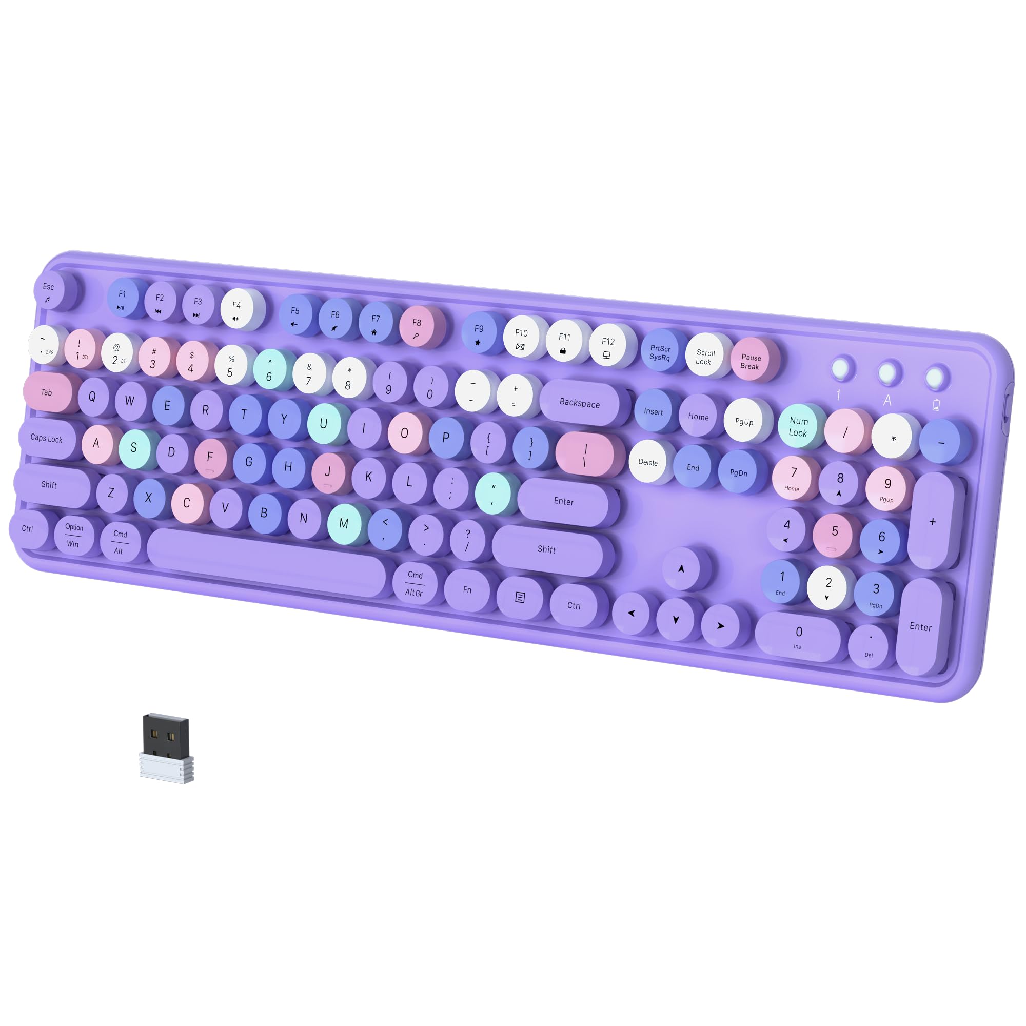 Colorful Wireless Bluetooth Keyboard, 2.4G & Dual Bluetooth Multi-Device, Typewriter Retro Round Keycaps 104 Keys Full-Size for PC Laptop Tablet Phone (Purple)