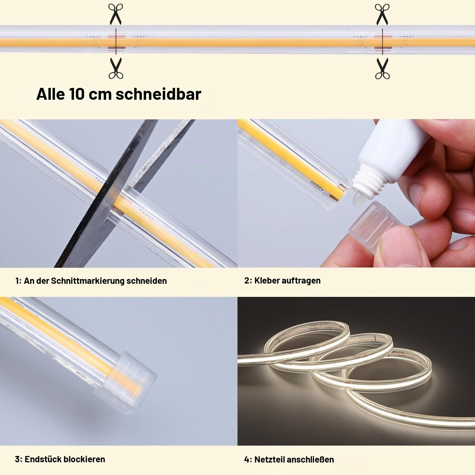 BENLUN AC 230V COB LED Streifen Aussenbereich Transparente Wasserdicht 20m | LED Strip Outdoo 220V IP65 10W/m 480LEDs/m CRI 90+ für Beleuchtung Deko Decke Terrasse hof Garten