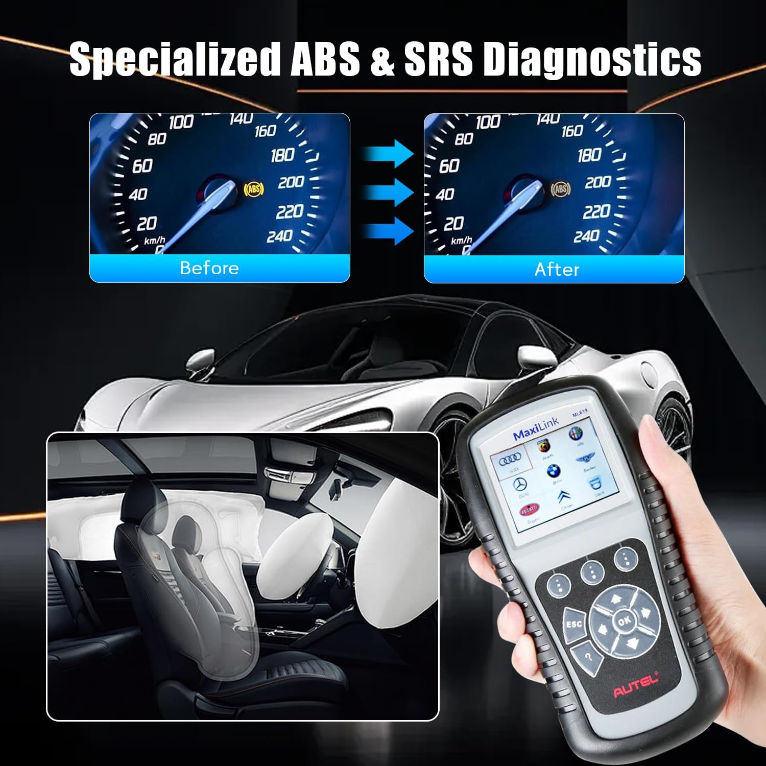 Autel MaxiLink ML619 OBD II Scanner - Same as AL619, ABS & SRS Diagnostic Tool for 1996+ Vehicles, Up of AL519 ML519, Code Reader with Live Data & Troubleshooting Tips