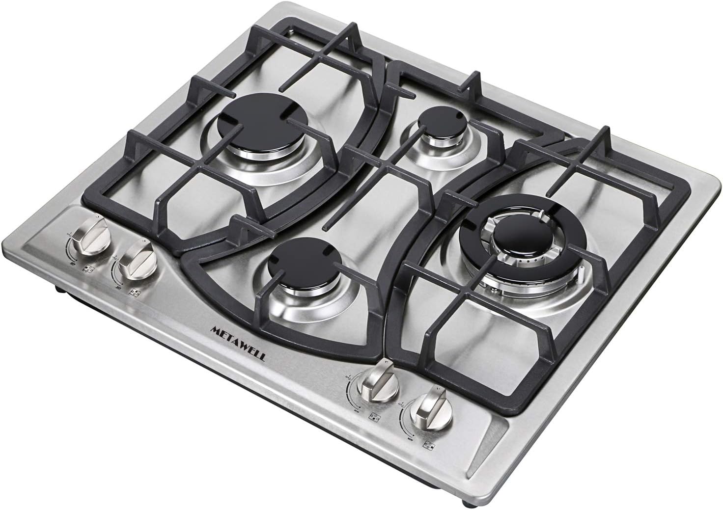 23 inch Gas Cooktop,Dual Fuel 4 Sealed Burners Gas Hob,304 Stainless Steel Drop-In Gas Stove, HM46013 Gas Hob Heavy Cast Iron Grates Top Cooktop,with Thermocouple Protection