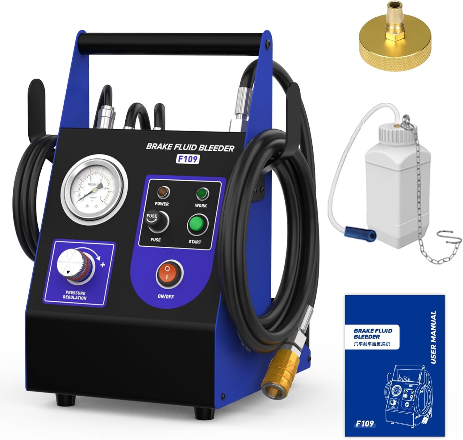 Brake Bleeder Kit 110V Brake Fluid Bleeder Machine Kit Adjustable 0.7-2.5 Bar Pressure & Flow Microcontroller System for Single User Includes 52MM Master Cylinder Adapter & Oil Bottle F109 Auto