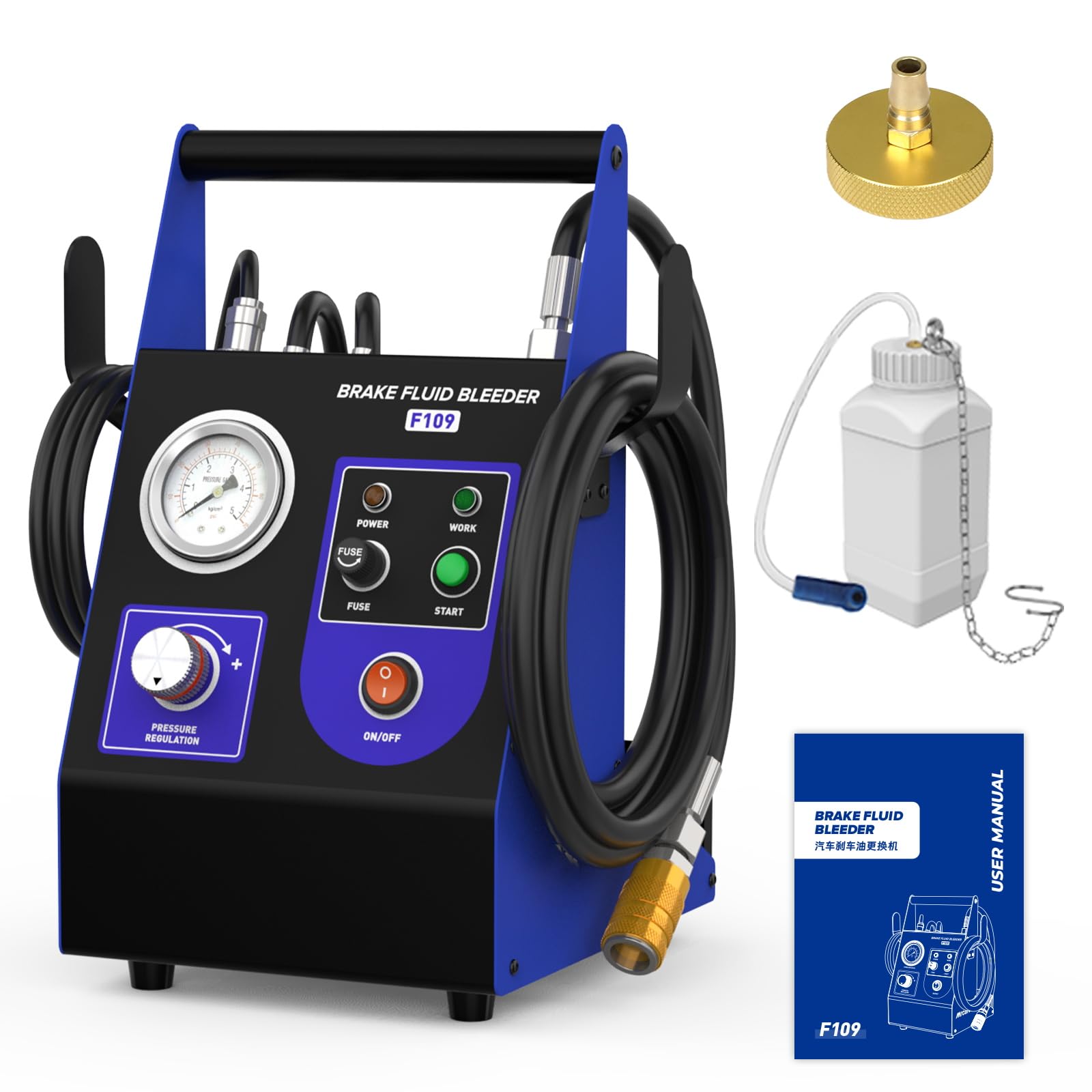 Brake Bleeder Kit 110V Brake Fluid Bleeder Machine Kit Adjustable 0.7-2.5 Bar Pressure & Flow Microcontroller System for Single User Includes 52MM Master Cylinder Adapter & Oil Bottle