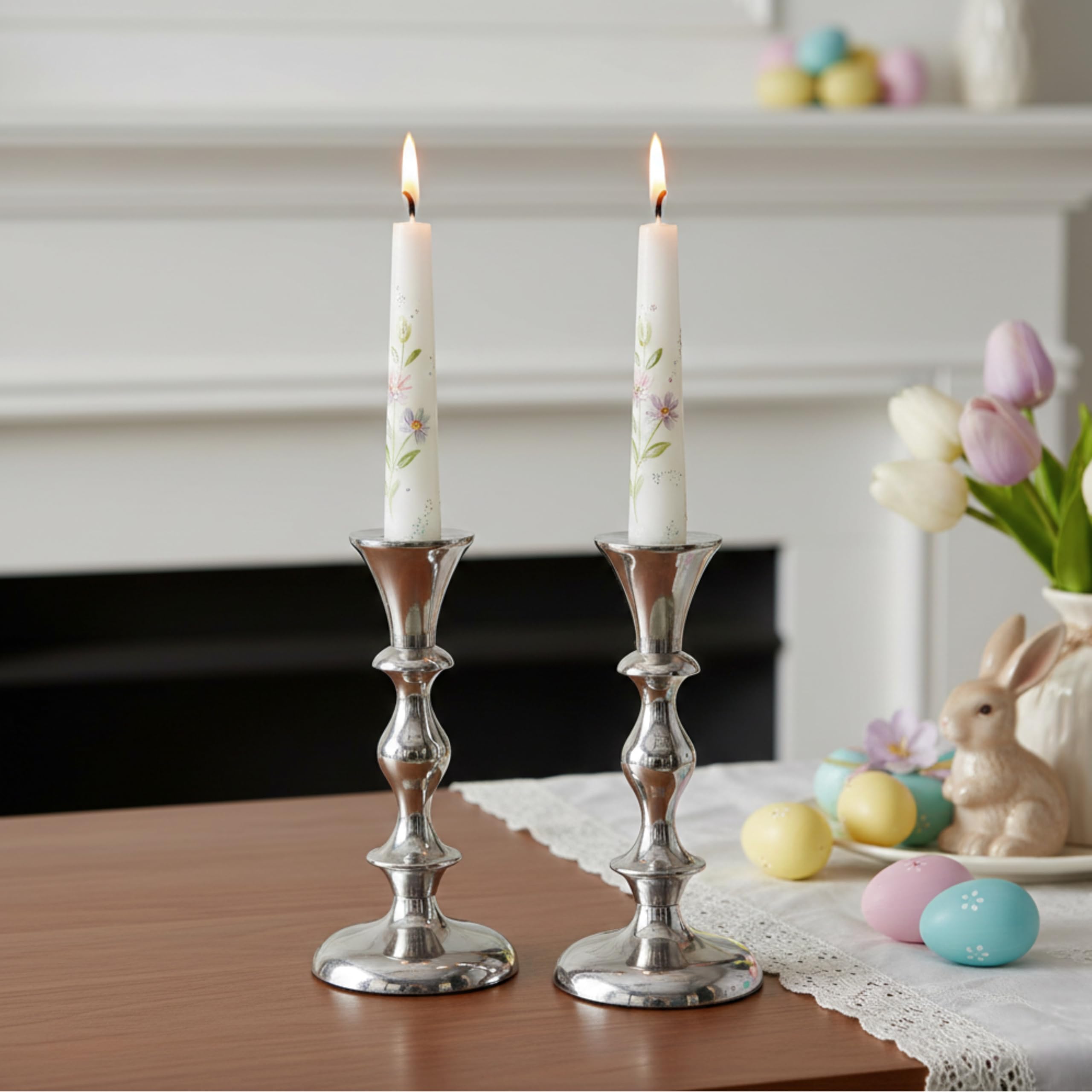 Silver Candle Holders Set of 2 Decorative Centerpiece Table Candlesticks Holders for Taper Candles Home Decor Easter Candle Holders for Dinner Party Wedding Decorations