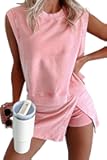 Womens Travel Outfits Summer Lounge Set Two Pieces Mineral Wash Cotton Tank Top Lined Split Athletic Skirt Set
