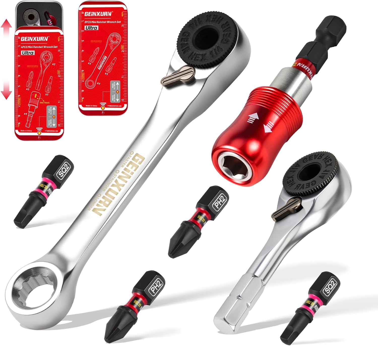 Geinxurn Mini Ratchet Wrench Set, 72 Teeth 1/4" Ratchet Wrench For Tight Spaces, Magnetic Locking Bit Holder and Mini Socket Ratchet Comes in a Push-Pull Tin Case, Ideal for Repair and DIY projects