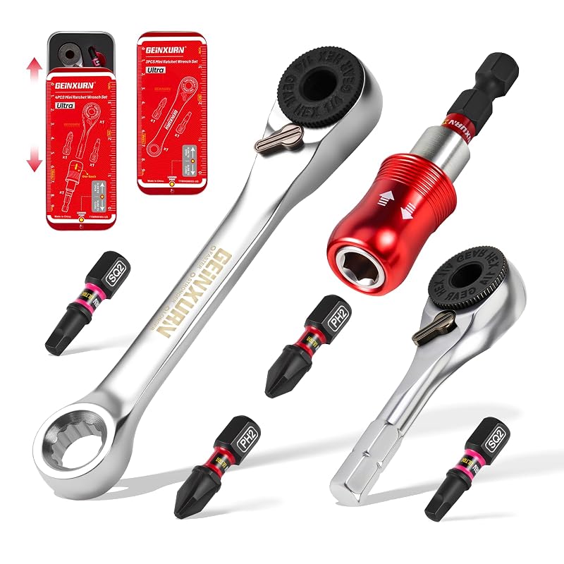 Kit de Chave de Catraca Mini GEINXURN com 72 Dentes, Encaixe de 6,35 mm (1/4 pol.) e Bits Magnéticos com Estojo Metálico, Conjunto com 7 Peças