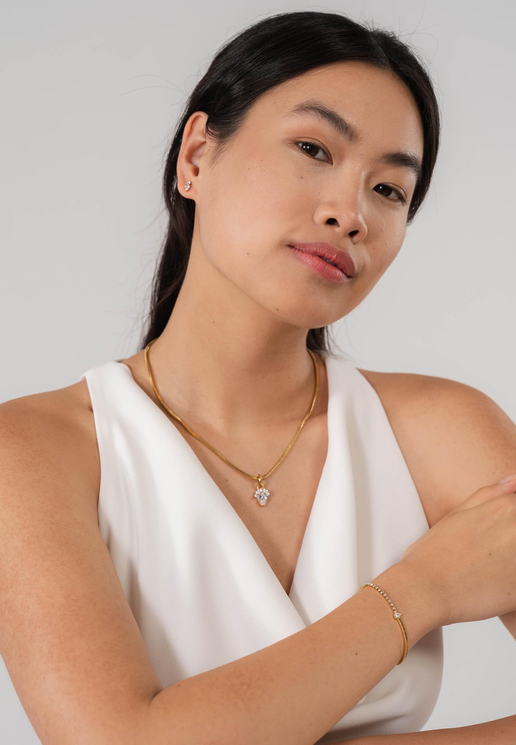 Purelei® Fusion – Pulsera de dos piezas con cadena de tenis de circonita y cadena de serpiente – Acero inoxidable chapado en oro – Piedra de gota blanca – Ajustable 16 – 20 cm – Oro/Plata/Oro Rosa