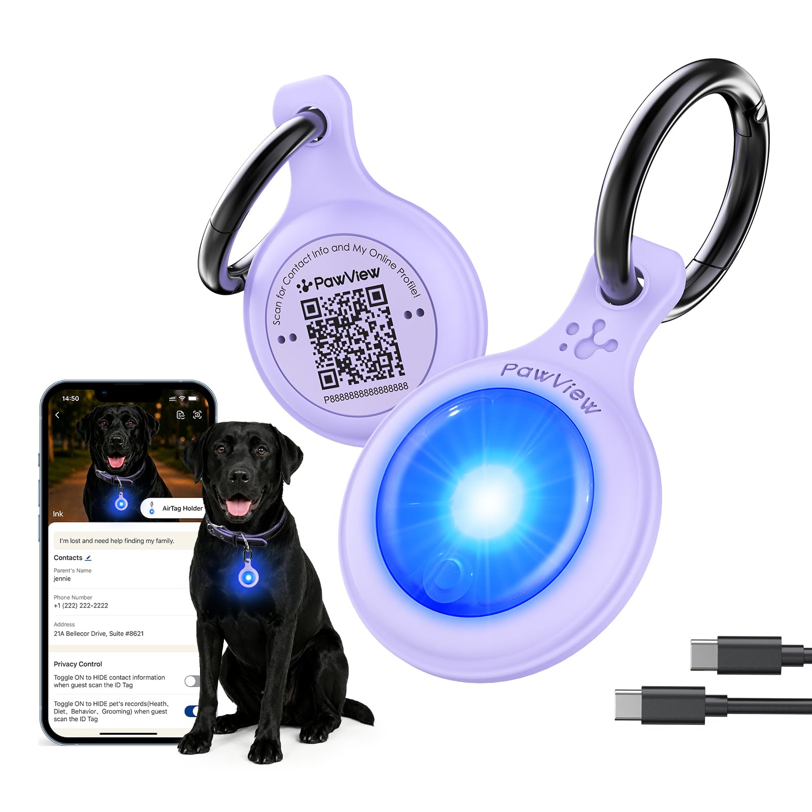 PawView Rechargeable Dog Collar Light with QR Code, 3 Modes LED Safety Dog Lights, Clip-On Pet ID Tag for Night Walking, Running, Camping, Purple & Blue