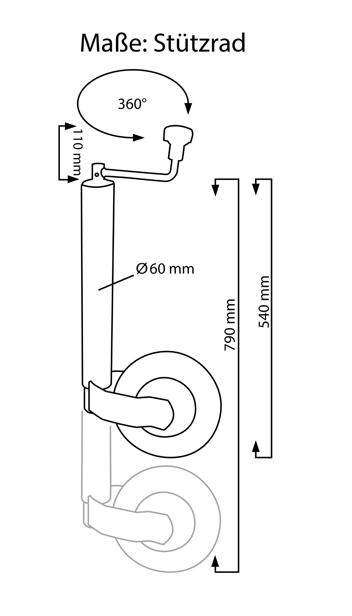 Schwerlast Stützrad stabile Ausführung Bugrad Ø 60 mm Stützlast 300 kg + Klemmeschelle