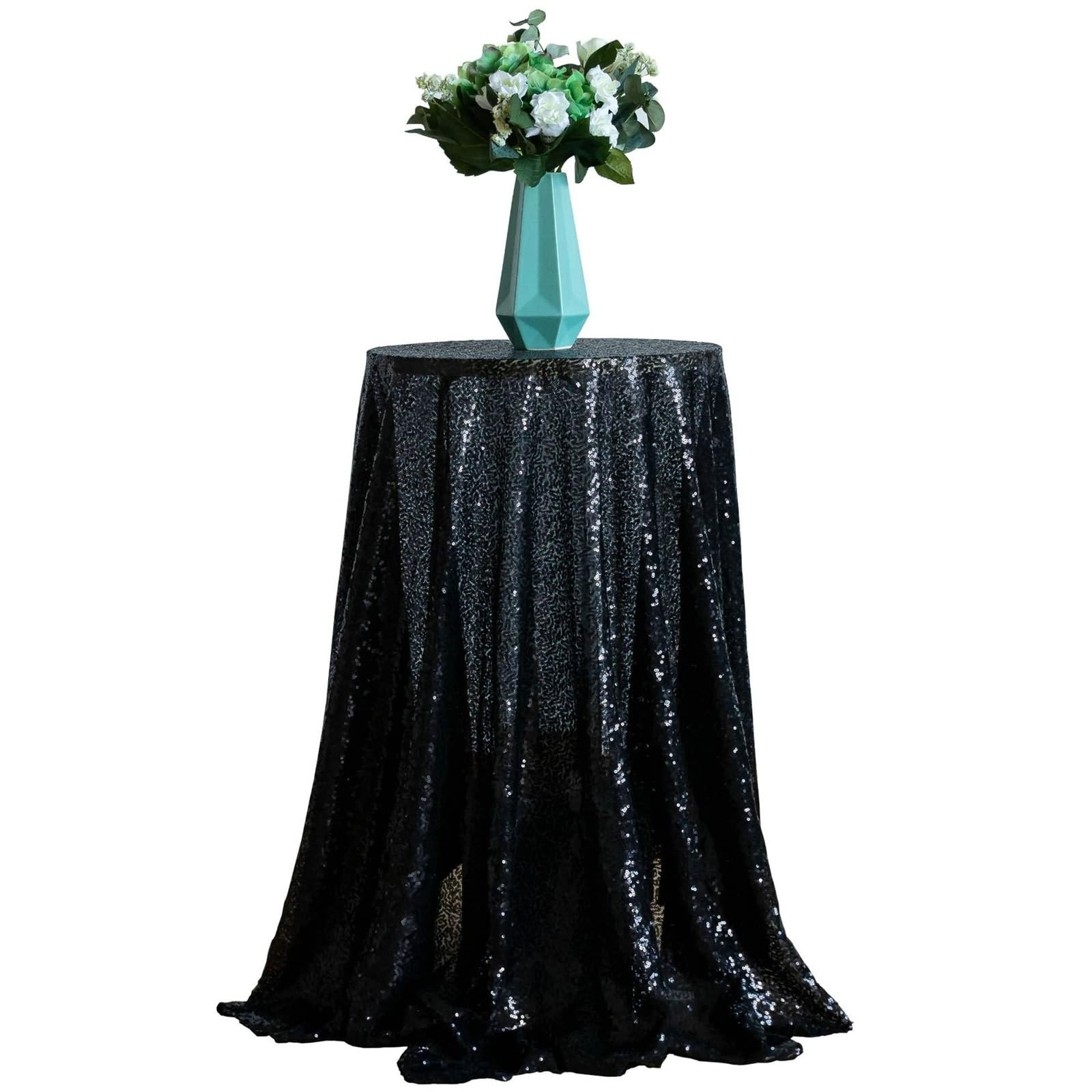 Nappe polyester mariage noir paillettes décoration anniversaire ronde 304 cm