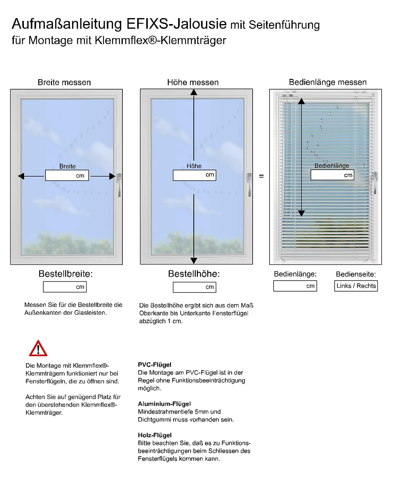 Jalousie auf Maß - Maßanfertigung - Breite bis 100 cm x Höhe bis 240 cm - Farbe: Silber - Montage: Klemmflex® Klemmträger - mit Seitenführung - Bedienung: Wendestab und Zugschnur
