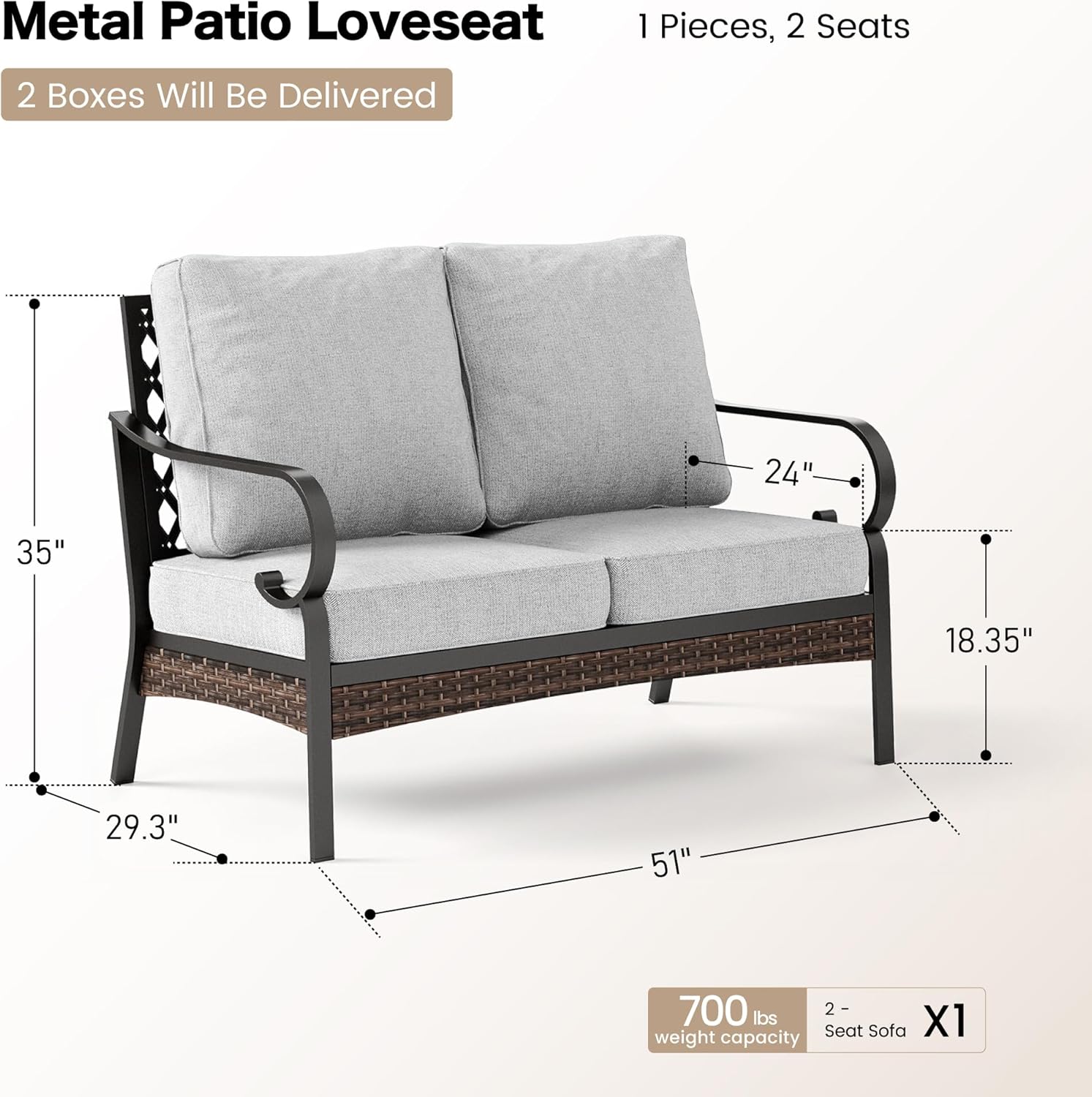 Metal Patio Furniture Loveseat with 5.75" Extra Thick Waterproof Cushion, 2-Seater Deep Seating & High-Back Black Outdoor Couch All Weather Outdoor Seating for Gazebo Porch, Light Gray