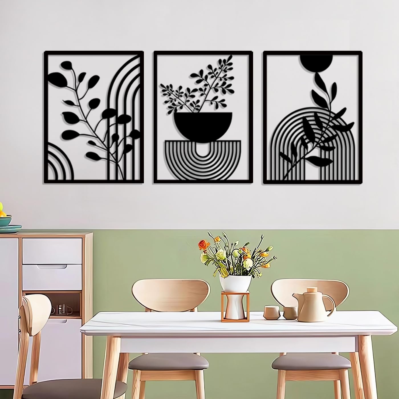 Pduoduo 3 Panels abstrakte Metall Boho Wanddekor, moderne geometrische schwarzes für Haus Schlafzimmer Wohnzimmer (22 * 16.5in)