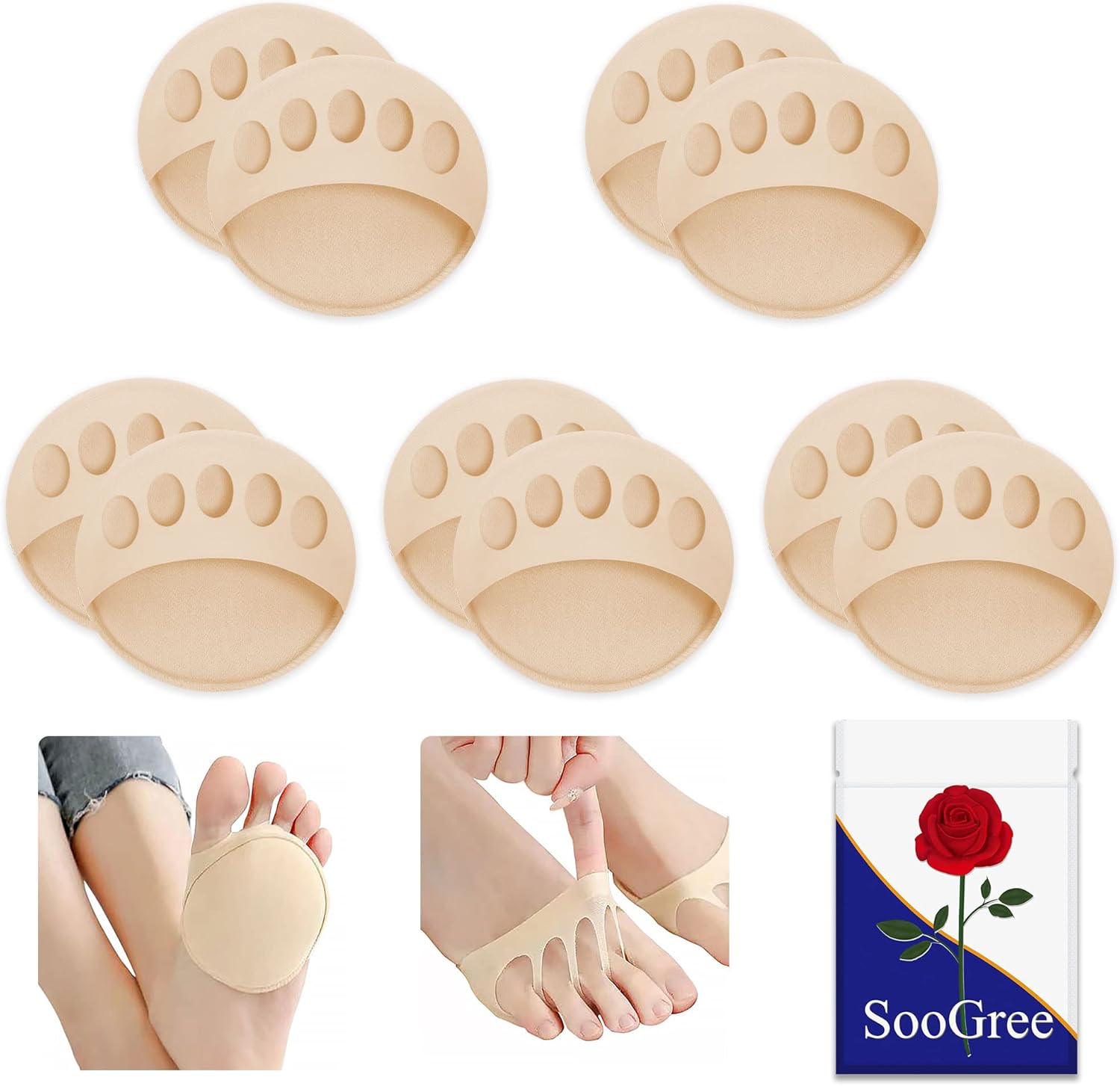 5 Pairs Ball of Foot Cushion,Thicken Forefoot Cushion Pads,Forefoot Metatarsal Invisible Socks Pads, Reusable Honeycomb Fabric Forefoot Pads for Women Men Prevention Pain Relief