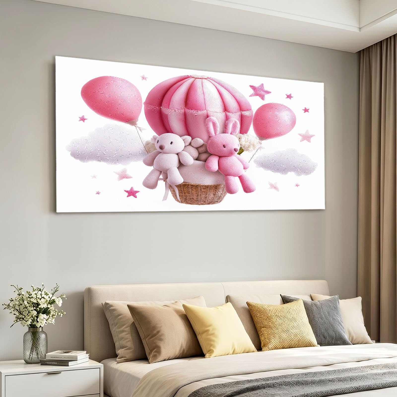 Leinwandbild 90 x 60 cm Wandbild Cartoon - Bild auf Leinwand mit Rosa Heißluftballon Teddybär Stern, Wanddeko für Wohnzimmer, Schlafzimmer, Büro Deko Zimmer