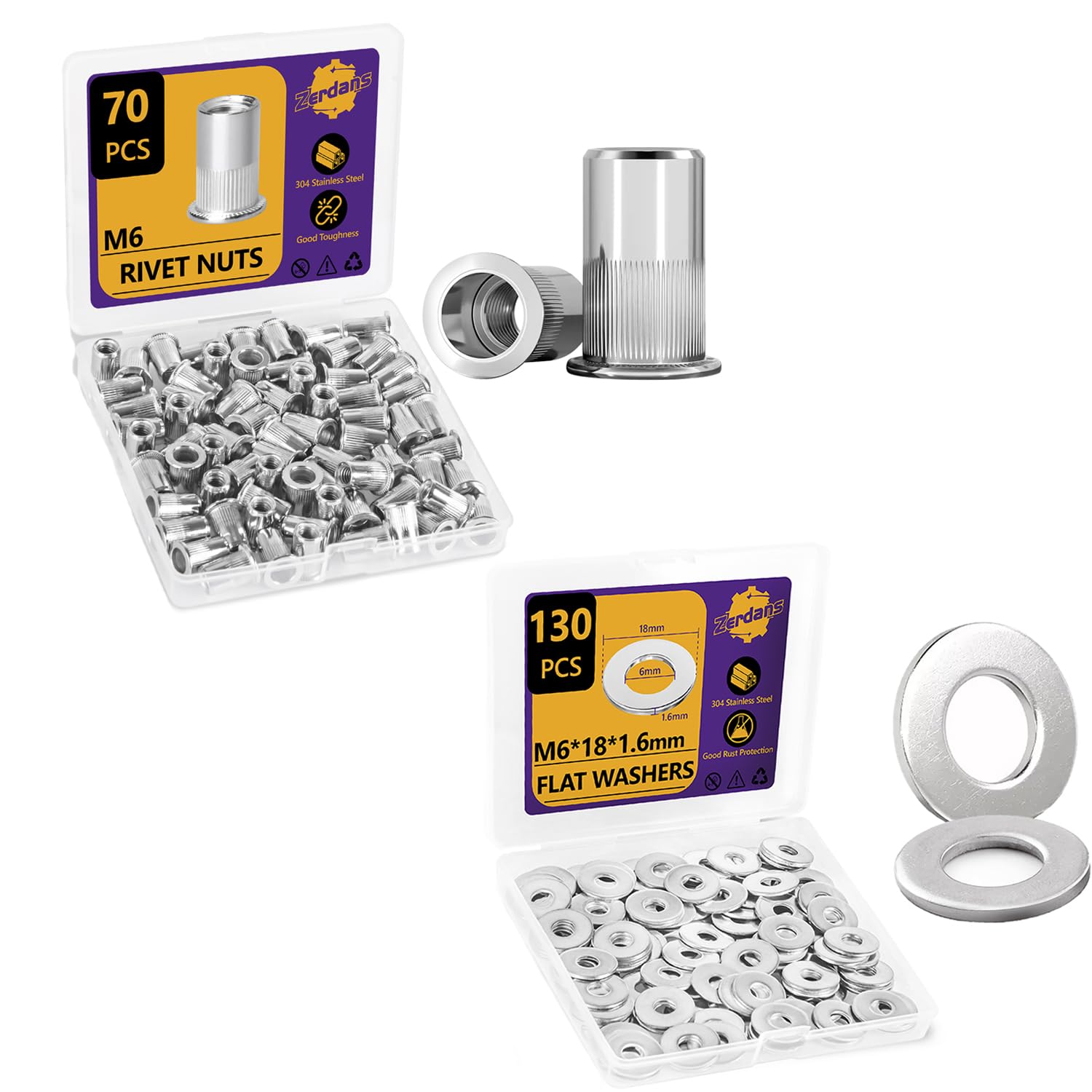 Rivet Nuts 70Pcs M6 Metric 304 Stainless Steel and Flat Washers 130Pcs M6 18-8 (304) Stainless Steel Fender Washers