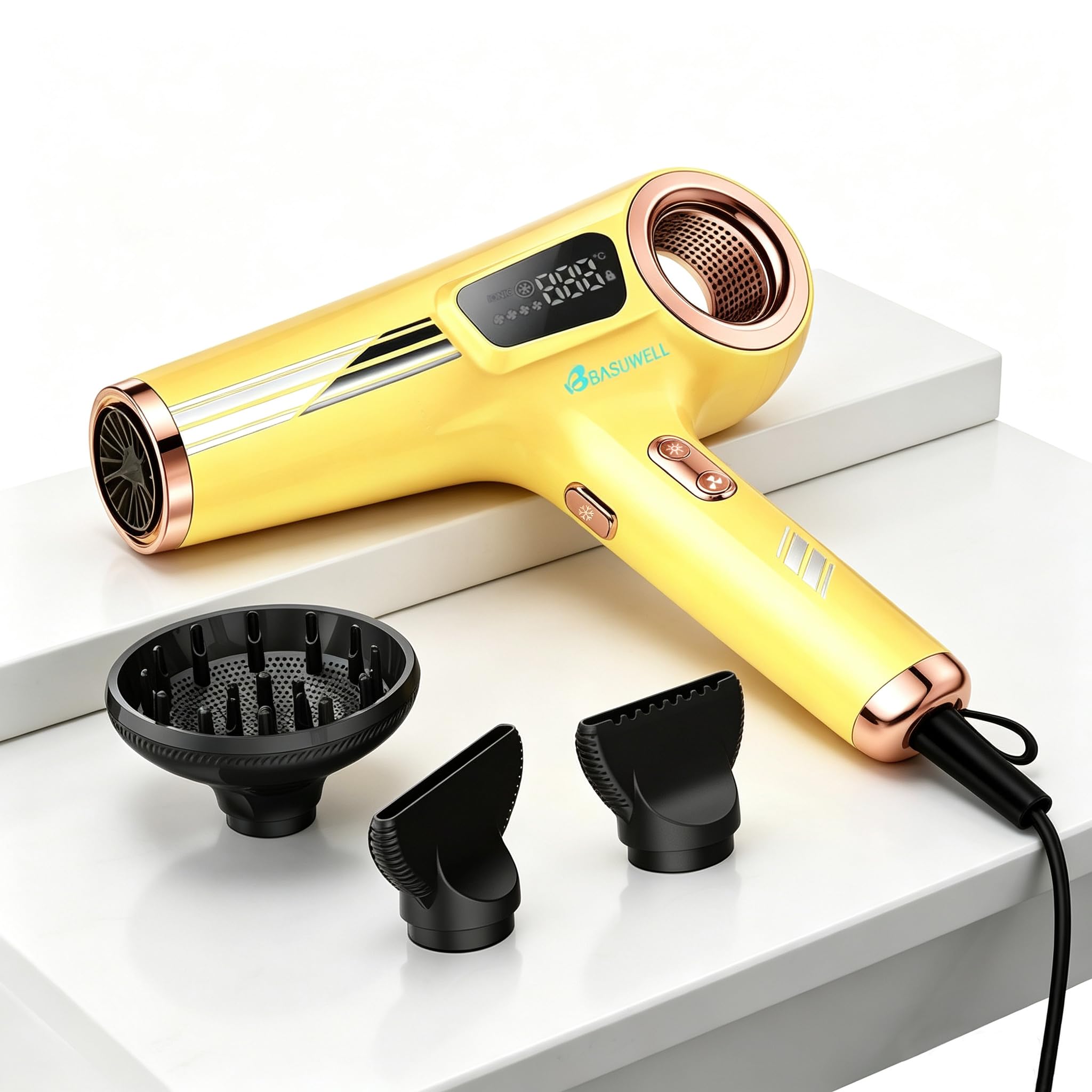 Sèche Cheveux Ionique 110 000 tr/min, Moteur Sans Balais, Séchage Rapide, Faible Bruit, Poids Léger, Affichage LED, Sèche-Cheveux avec 3 Buses Magnétiques, Pour Maison et Salon (Jaune)
