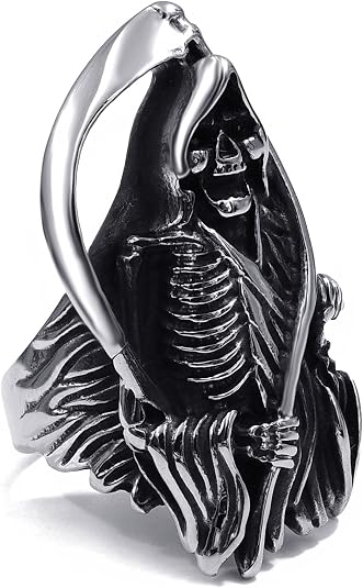 Grim Reaper Ring for Mens, Stainless Steel Death Skull Ring Biker Scary Death Jewelry, Size 8-13