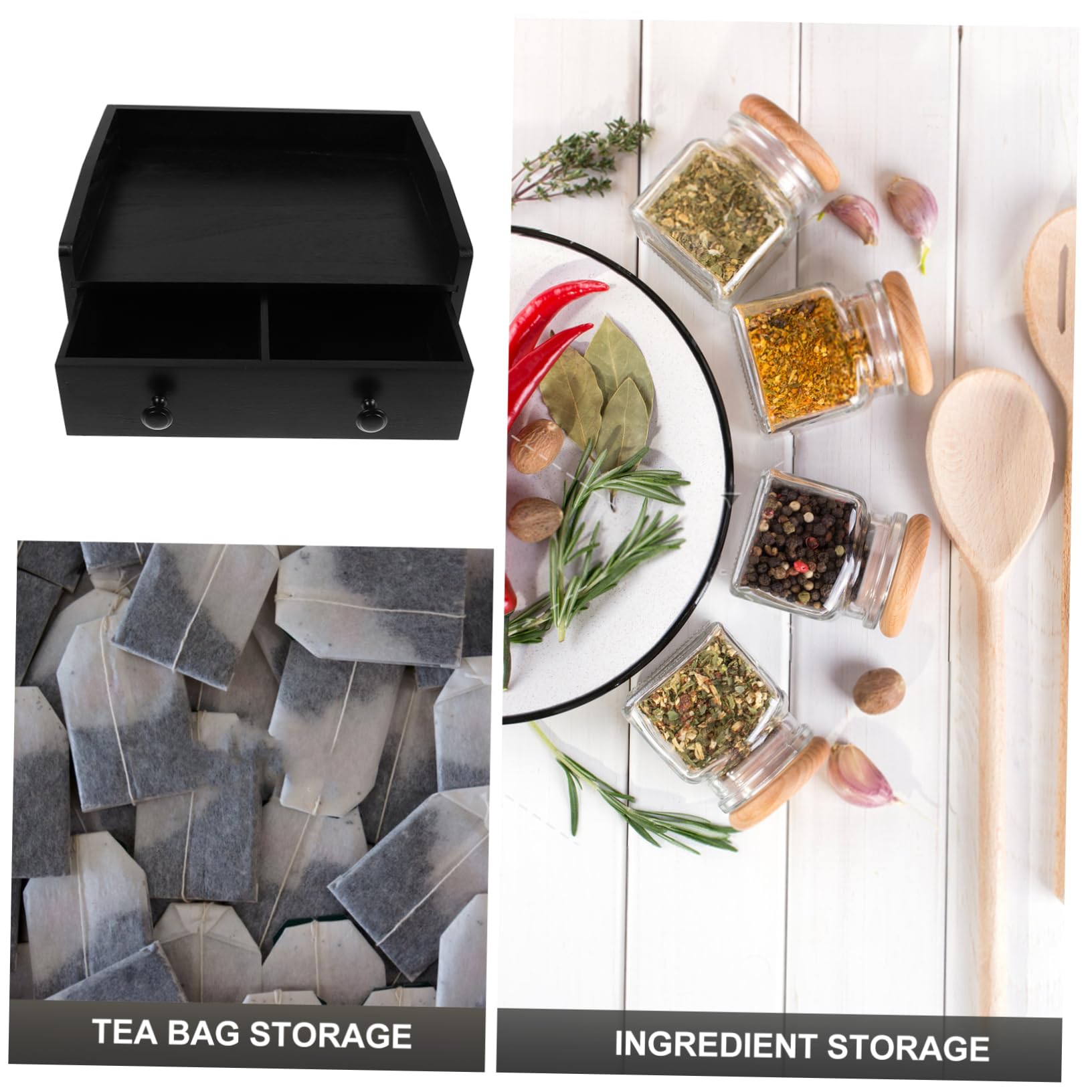 ABOOFAN Cassetto Porta-Tè e Caffè in Legno, Organizer da Tavolo Minimalista Nero, Grande Capacità Scomparti per Bustine e Capsule