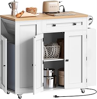 Kitchen Island with Storage, Mobile Rolling Cart with Trash Can Storage,...