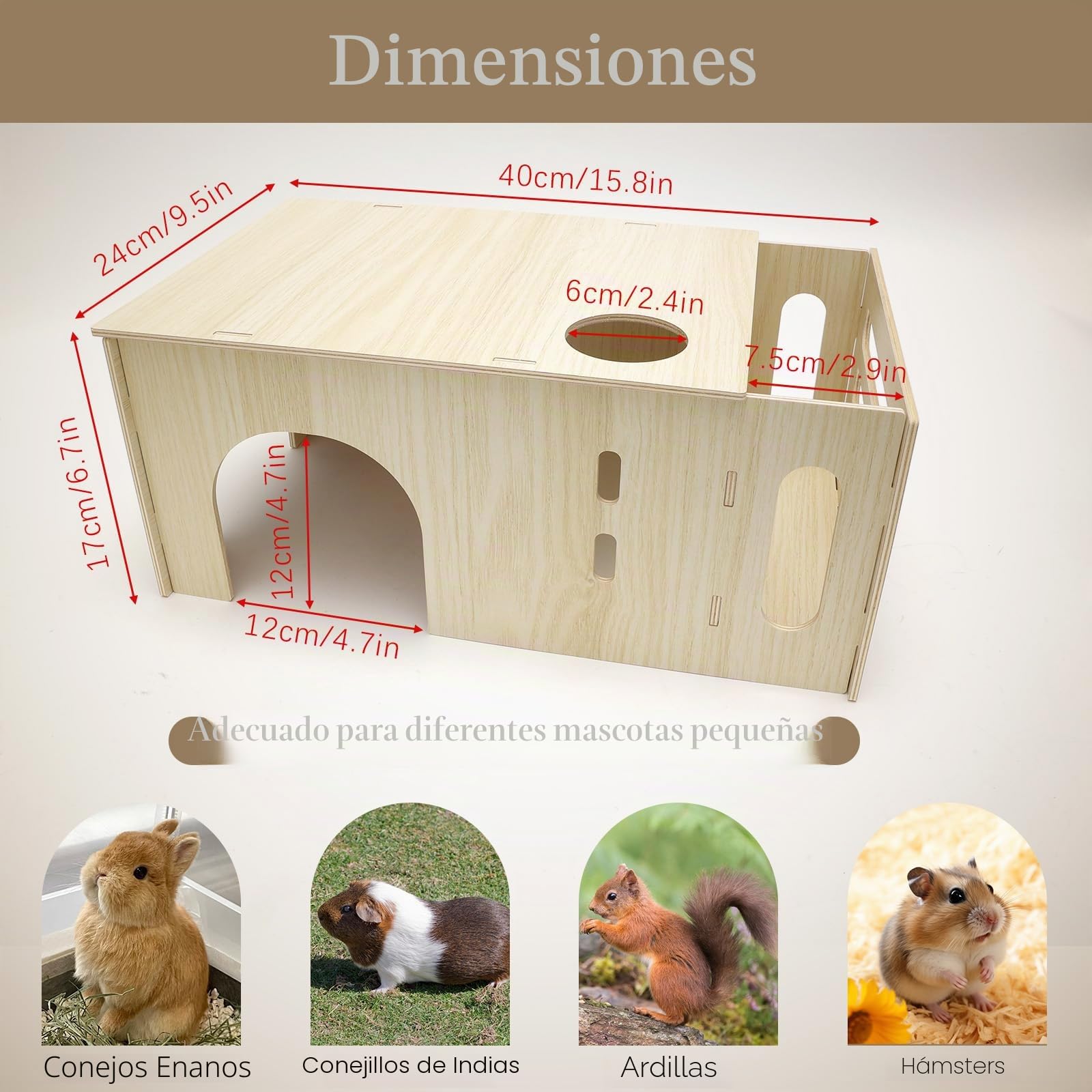 Caseta con Comedero de Heno para Conejo, Cabaña de Madera 2 en 1 para Cobayas con Dispensador de Comida para Pequeños Animales Domésticos, Hámsters Enanos, Chinchilla