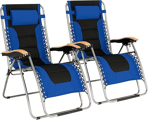 Goplus Sillón plegable de gravedad cero, silla de patio reclinable acolchada de gran tamaño con reposabrazos de haya y almohada para la cabeza,