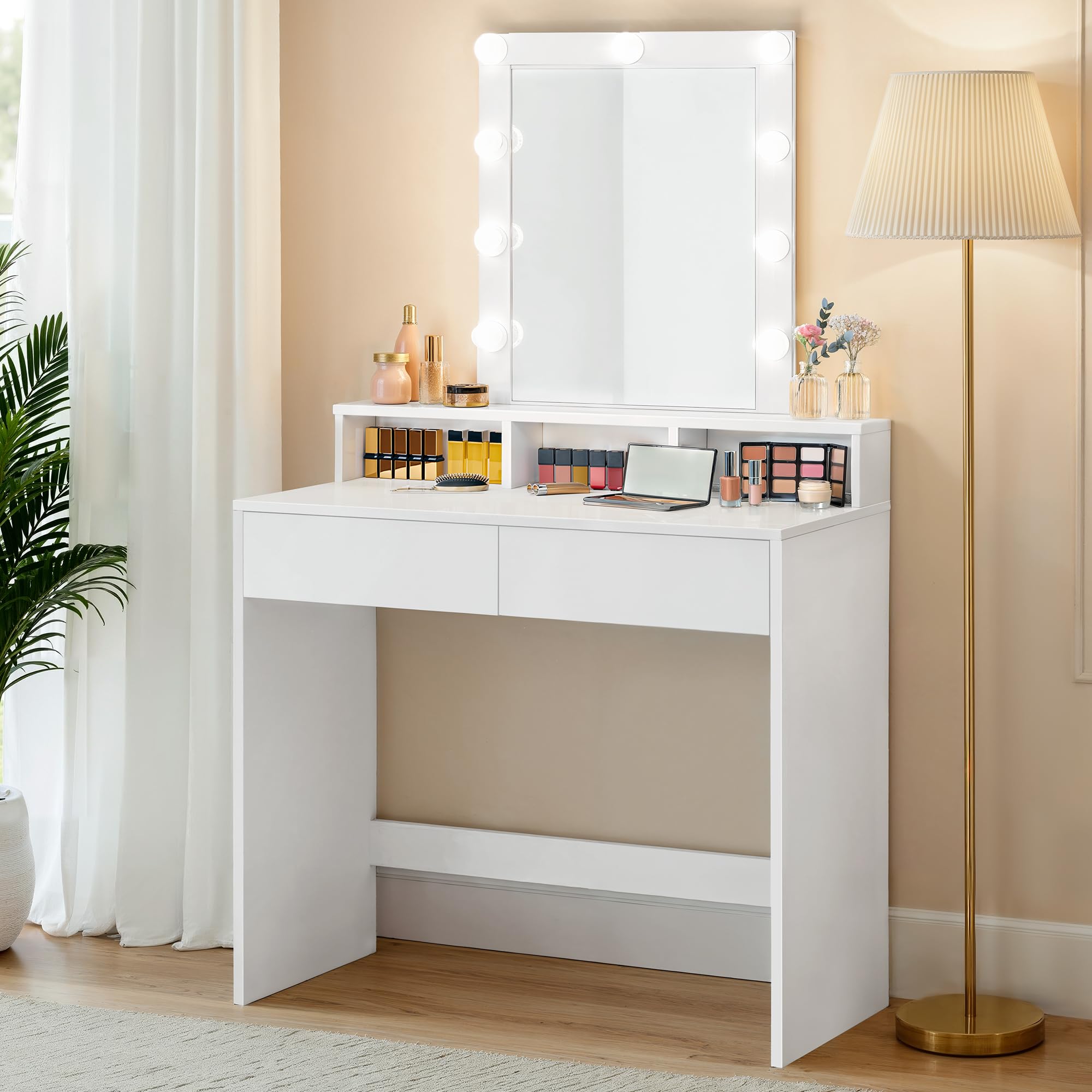 VASAGLE KAILYN Collezione - Toeletta, Luce LED Regolabile a 3 Colori, Tavolo da Trucco con Specchio, 2 Cassetti e 3 Scomparti, Postazione Trucco, Moderno, Bianco RDT114WB01