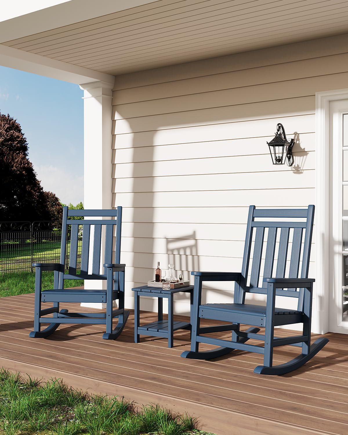 GarveeTech Silla Mecedora de HDPE para Jardín y Exteriores - Respaldo Alto, Estilo Adirondack, Resistente a Todo Clima, Diseño Ergonómico, Imitación Madera Ideal para Patio, Porche o Terraza - Azul