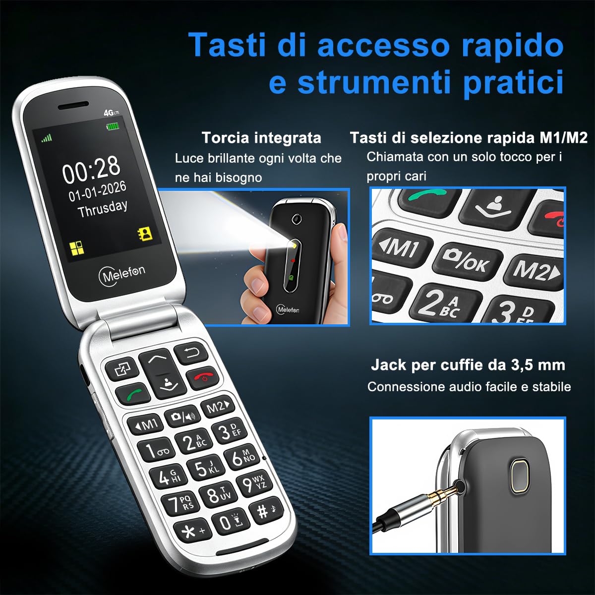 Telefono 4G a Conchiglia per Anziani,Tasti Grandi,Pulsante SOS,Sbloccato | Chiamata Rapida M1/M2, Volume Alto, Schermo a Colori da 2,4", Facile da Usare,Radio FM, Torcia LED, Batteria 1350 mAh