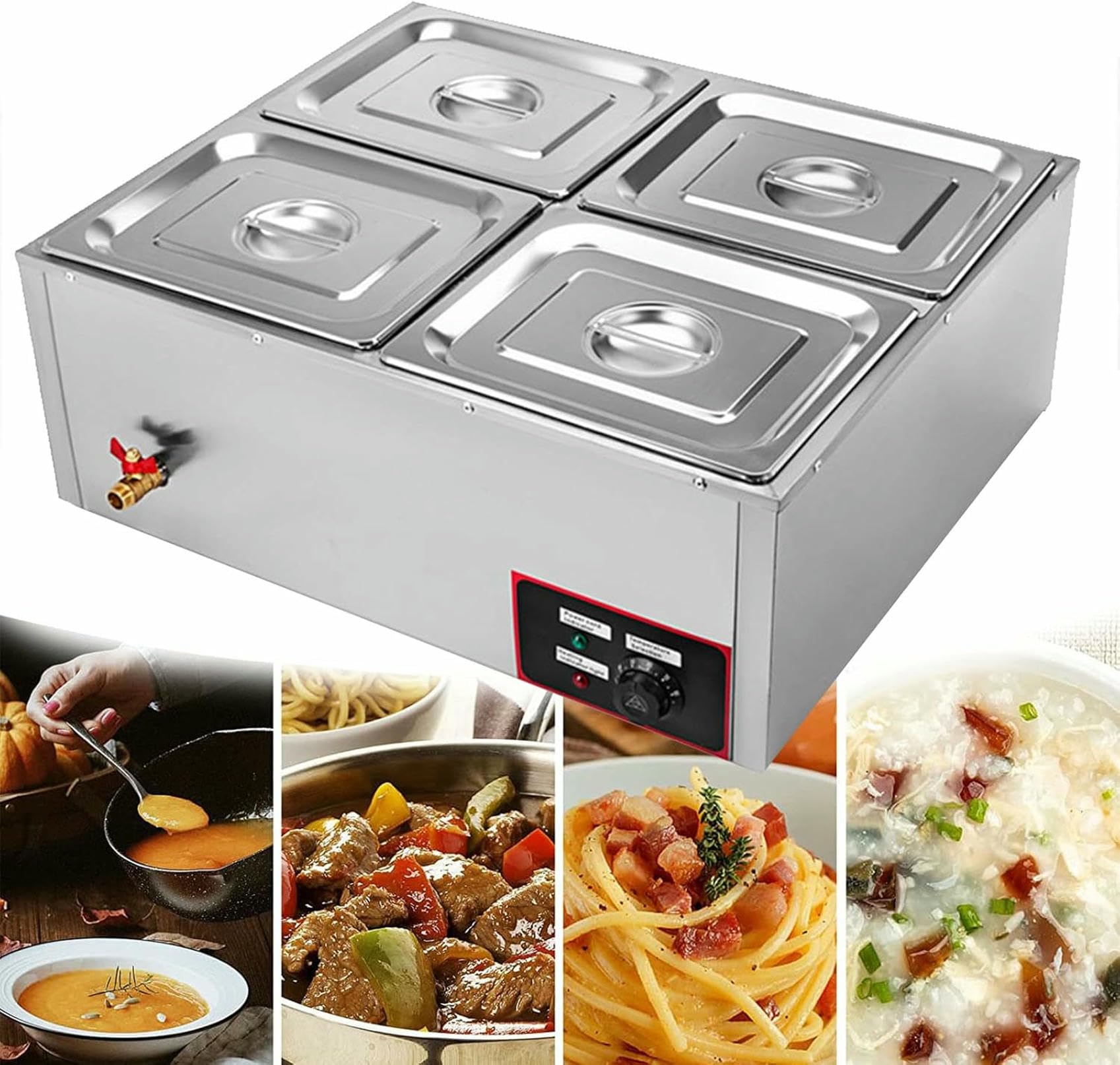 Cucina elettrica in Acciaio Inox con 4 padelle, Controllo della Temperatura a Buffet con coperchi, Rubinetto di Scarico, Tavolo a Vapore per Piattaforma per Ristorante