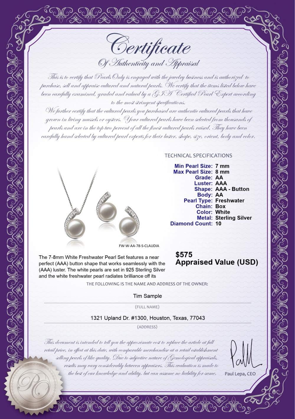 Claudia White 7-8mm AA Quality Freshwater 925 Sterling Silver Cultured Pearl Set For Women