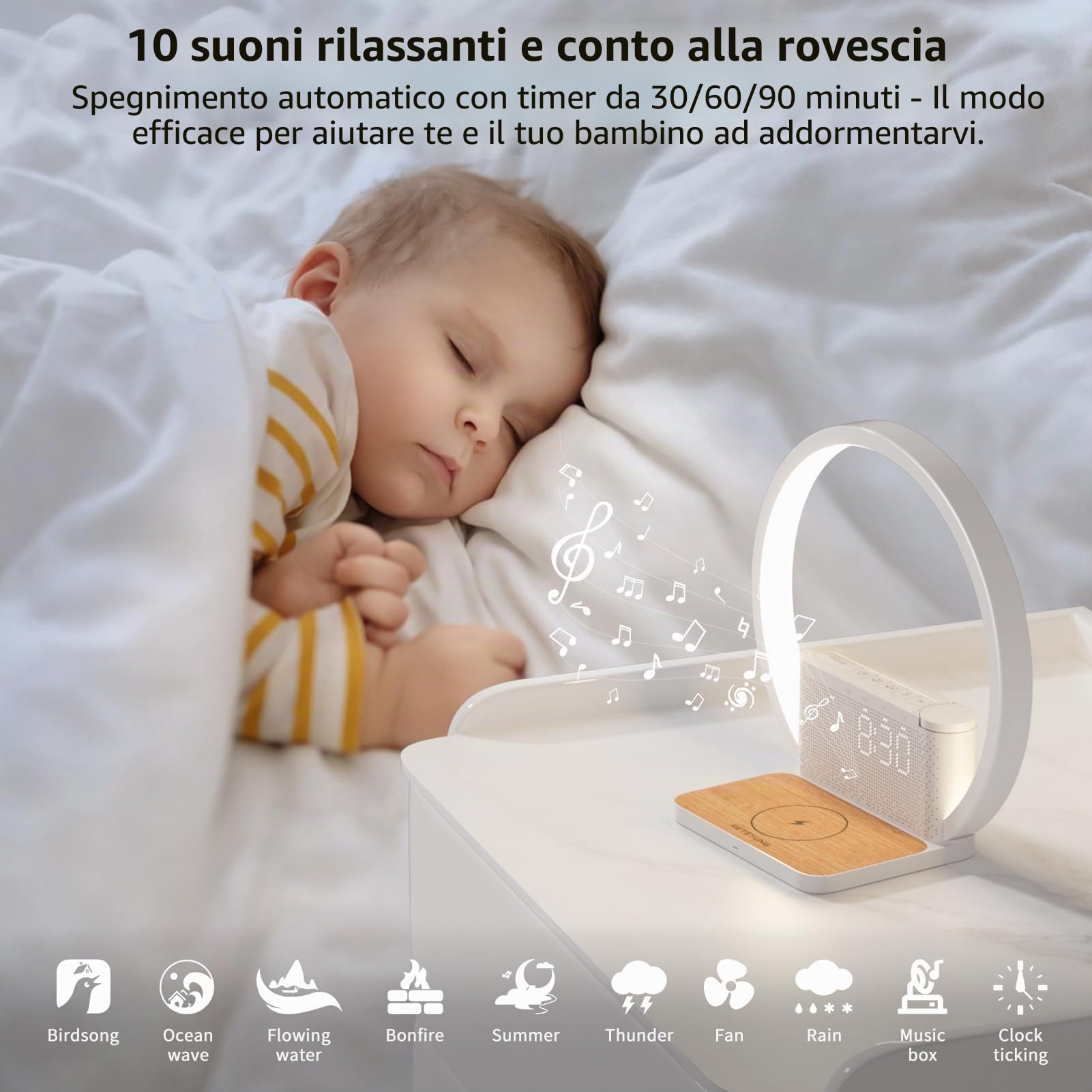 RETEYUNG Lampada da comodino con funzione di ricarica,caricatore wireless da 10W,Sveglia Con Luce,Wake Up Light,10 Suoni Natura,Touch Dimmerabile,3 livelli di luminosità,Adatto per camera da letto.