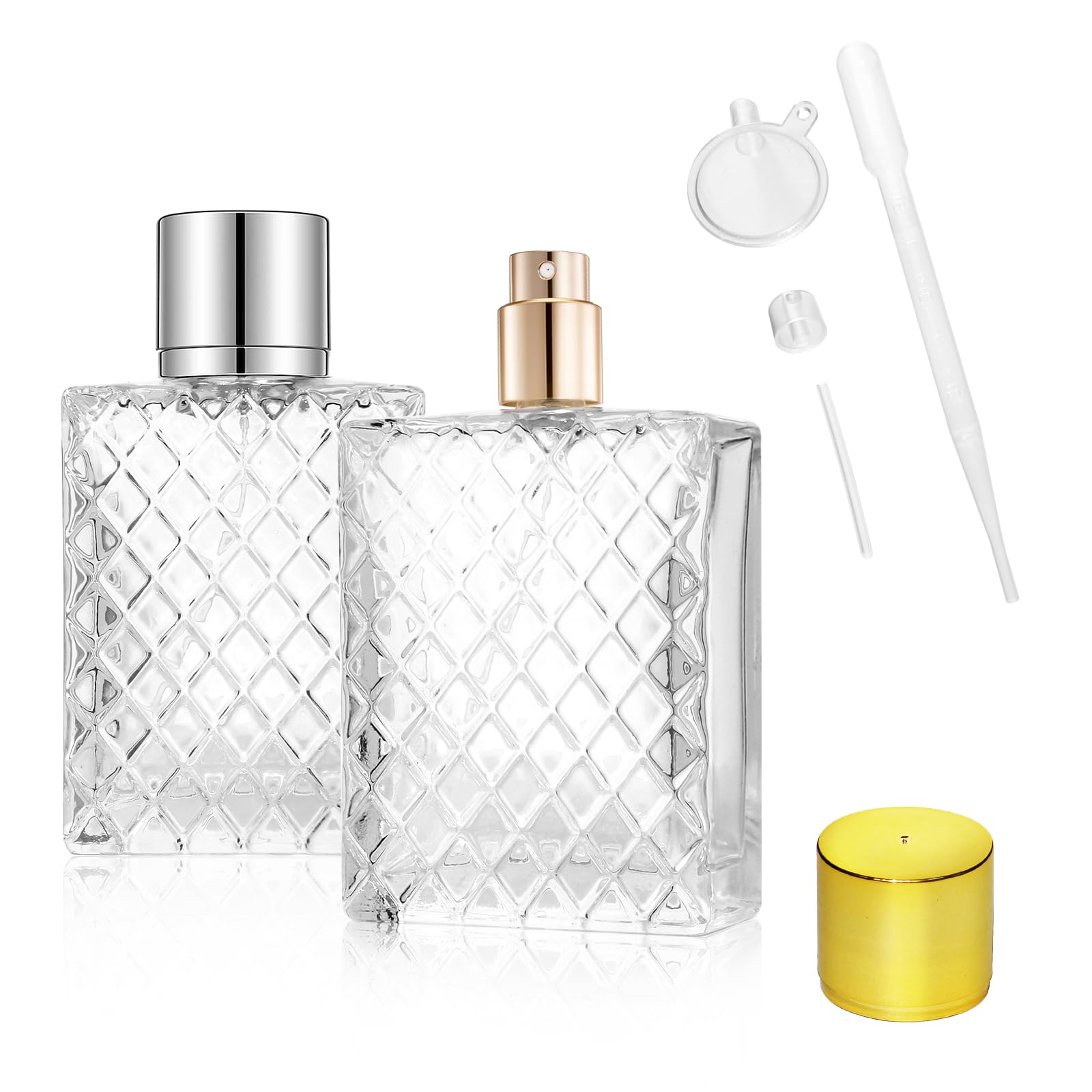 2 Pcs 100ml Perfume Atomisers Refillable, Clear Glass Perfume Spray Bottle Square Grids Empty Perfume Bottles Portable Travel Perfume Atomiser Refillable with Funnel, Dropper and Squeezer