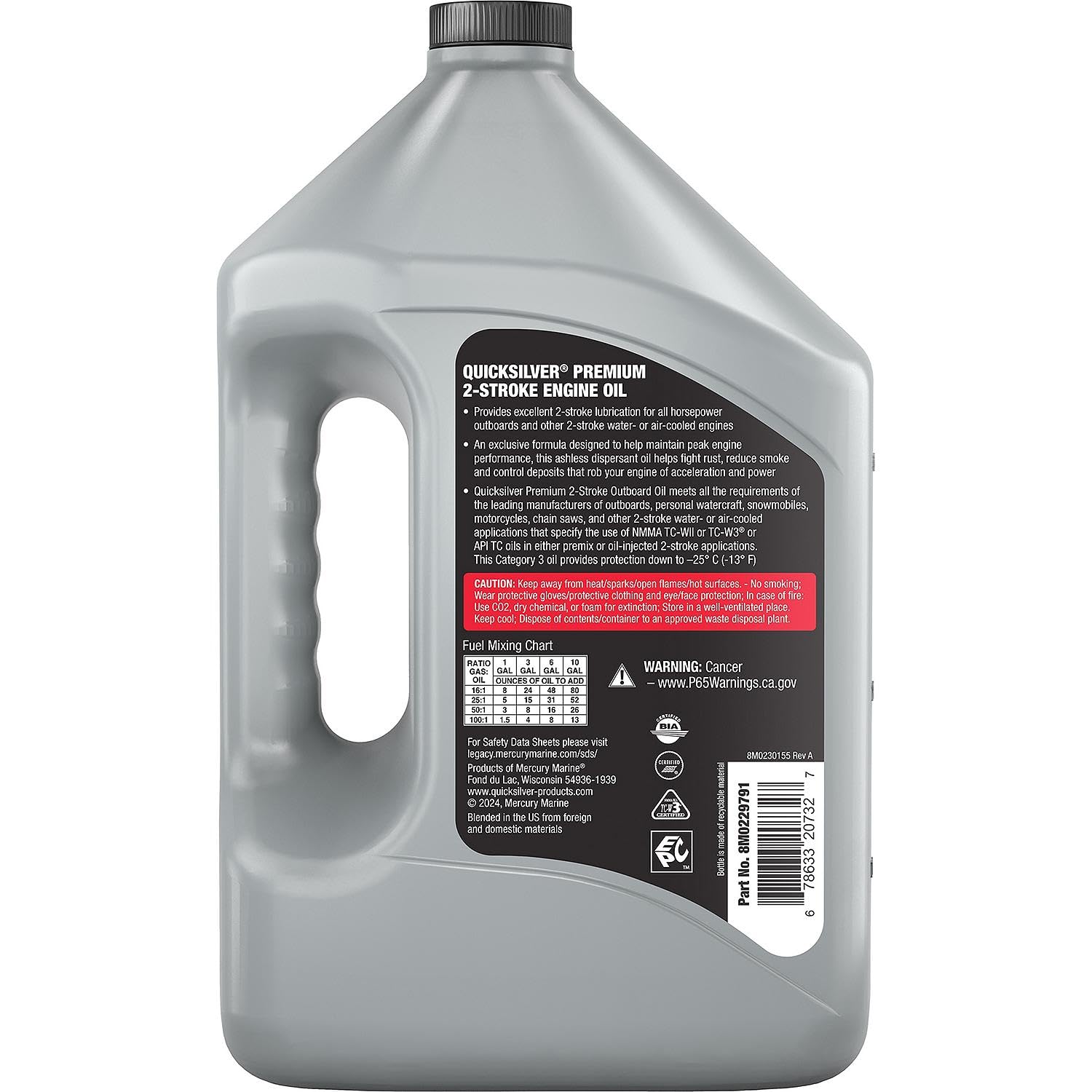 Quicksilver 858022Q01 Olio premium a due cicli TC-W3 - fuoribordo, artigianato acquatico personale (PWC), motoslitte, motociclette e motoseghe, brocca da 1 gallone